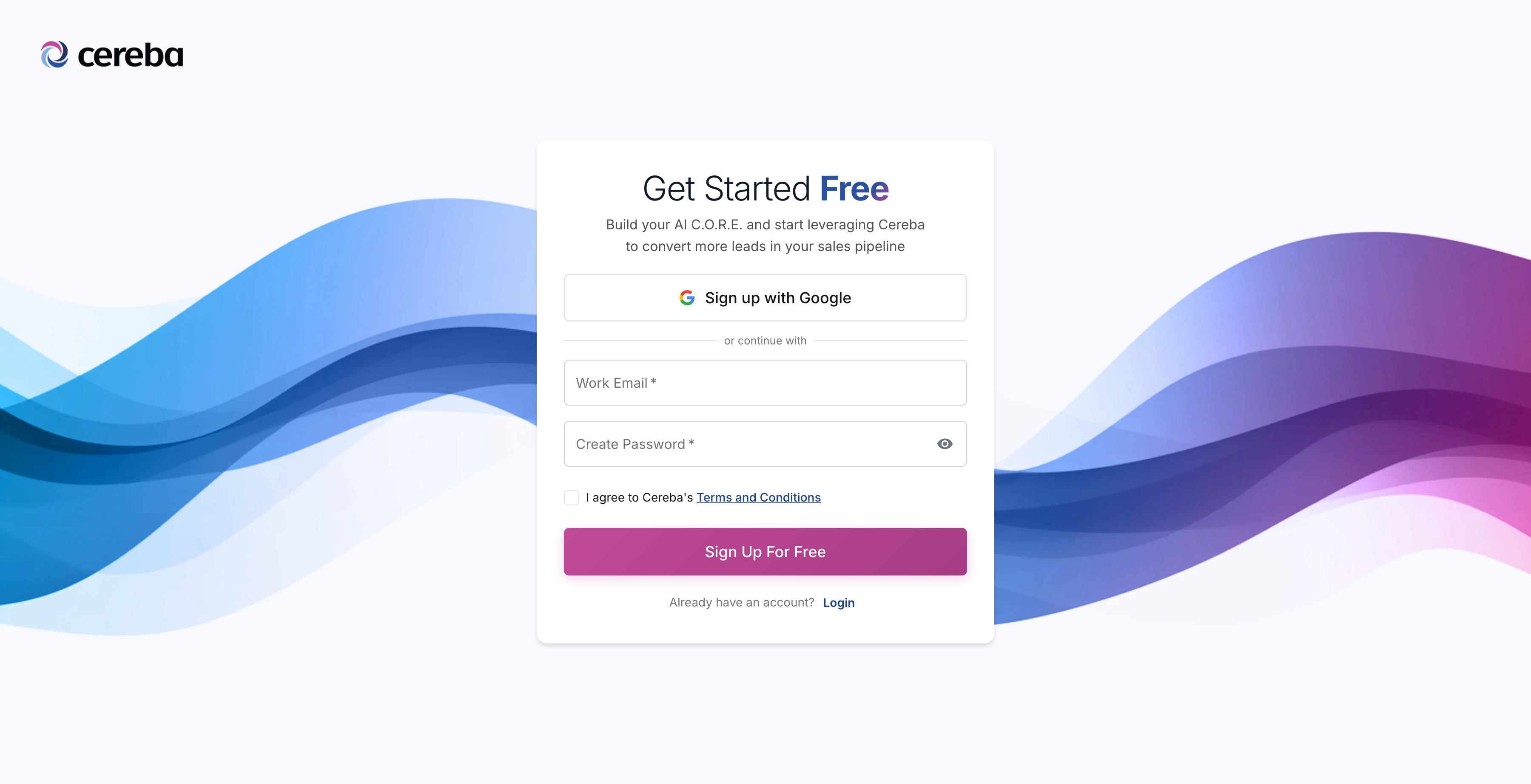 Cereba signup page showing C.O.R.E. Intent conversational onboarding