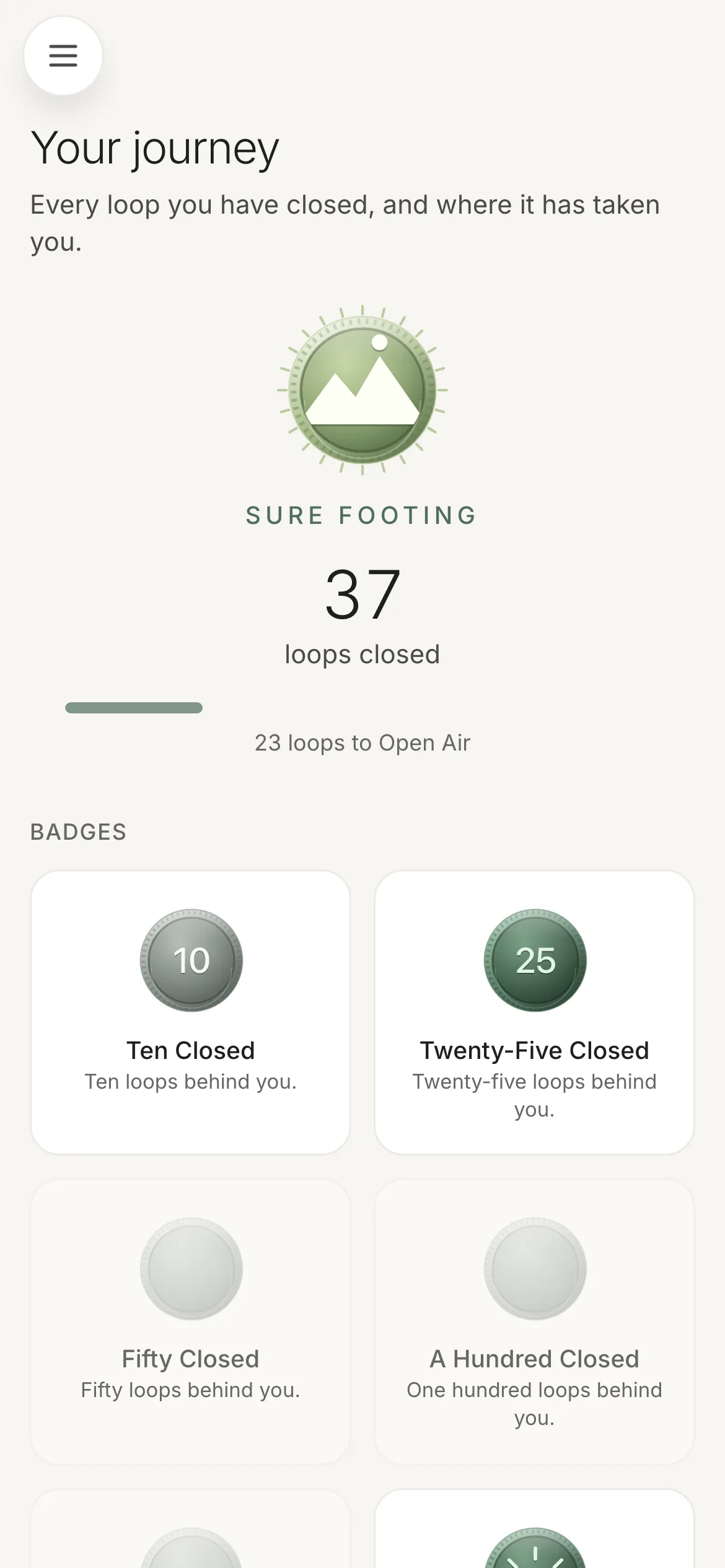 Ascend's Journey screen: 'Every loop you have closed, and where it has taken you.' A struck green medallion with a mountain glyph sits above the rank name SURE FOOTING, the number 37 'loops closed', a short progress bar and '23 loops to Open Air'. Below, a BADGES grid: earned medals for 'Ten Closed' and 'Twenty-Five Closed' rendered as struck coins, and unearned ones for 'Fifty Closed' and 'A Hundred Closed' rendered as blank discs — no padlock icons and no collected-count anywhere on the screen.