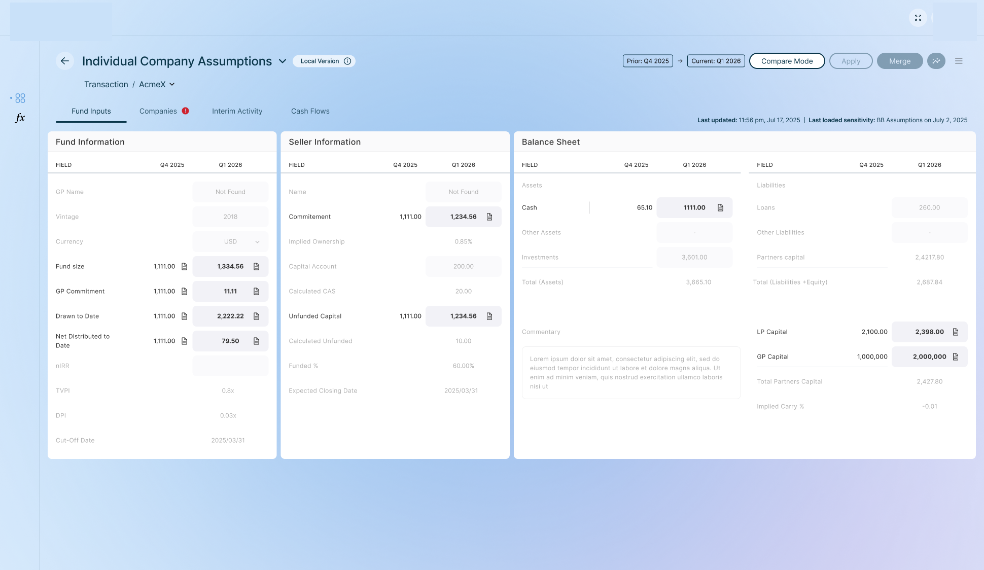 Generalized view of the Carlyle AI investment platform — assumptions, fund inputs, and version history