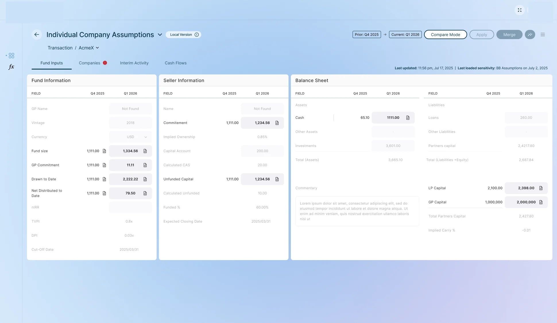 Generalized view of the Carlyle AI investment platform: assumptions, fund inputs, and version history