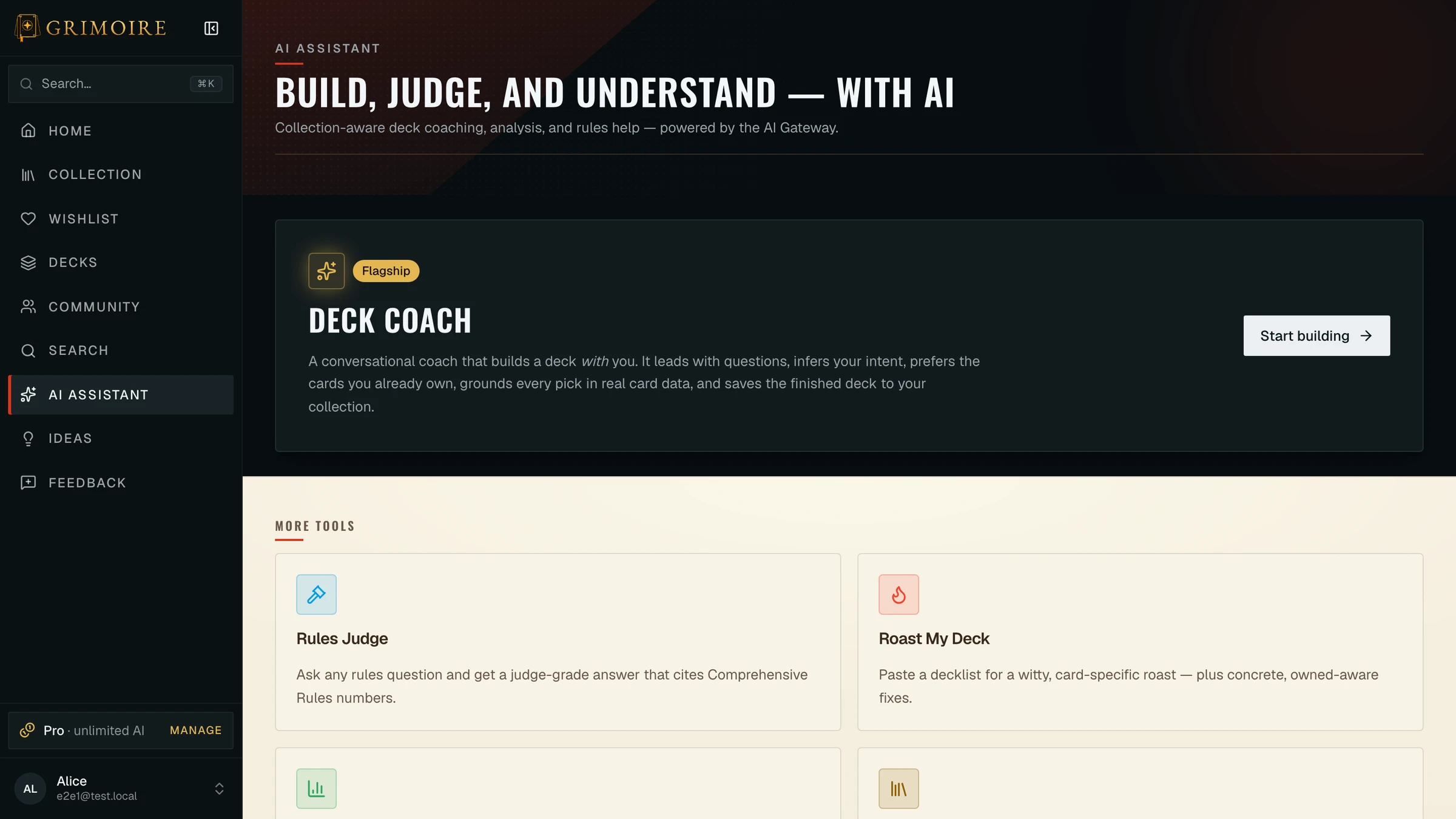 Grimoire's AI Assistant hub: a flagship Deck Coach card described as 'a conversational coach that builds a deck with you — leads with questions, infers intent, prefers the cards you already own, grounds every pick in real card data' with a Start Building button, above a grid of secondary tools including Rules Judge and Roast My Deck.