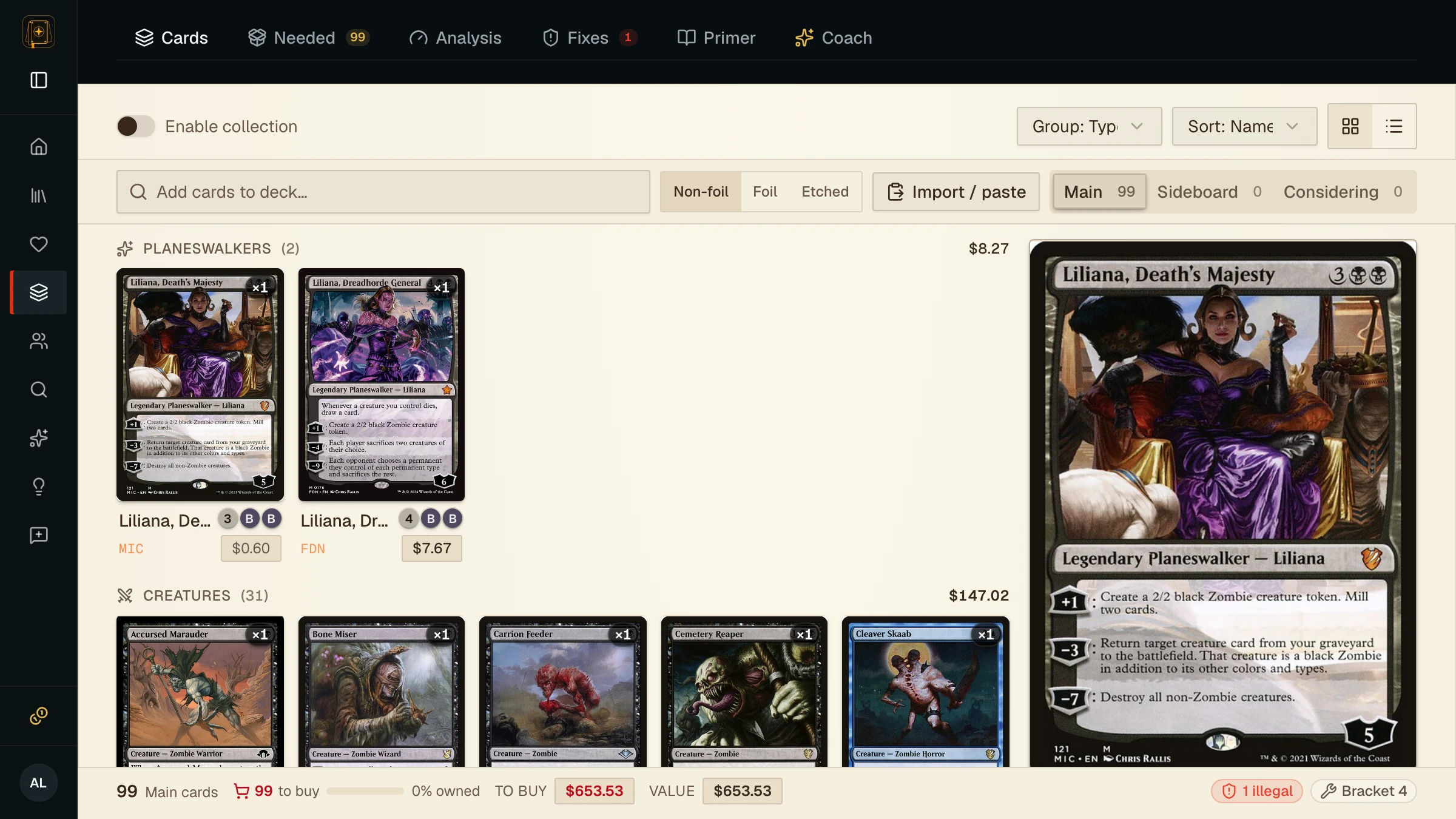 Grimoire's deck editor showing a Commander deck list with live prices, owned-vs-needed tracking, and a legality warning