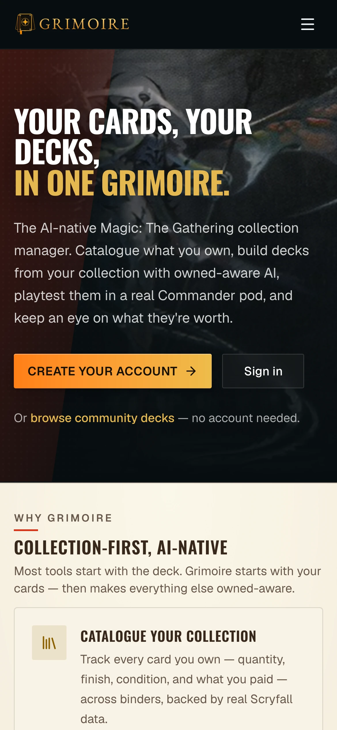 Grimoire's landing page on a phone: 'Your cards, your decks, in one Grimoire' over commander art, a description of the AI-native collection manager, Create Your Account and Sign In buttons, and a 'browse community decks — no account needed' link.