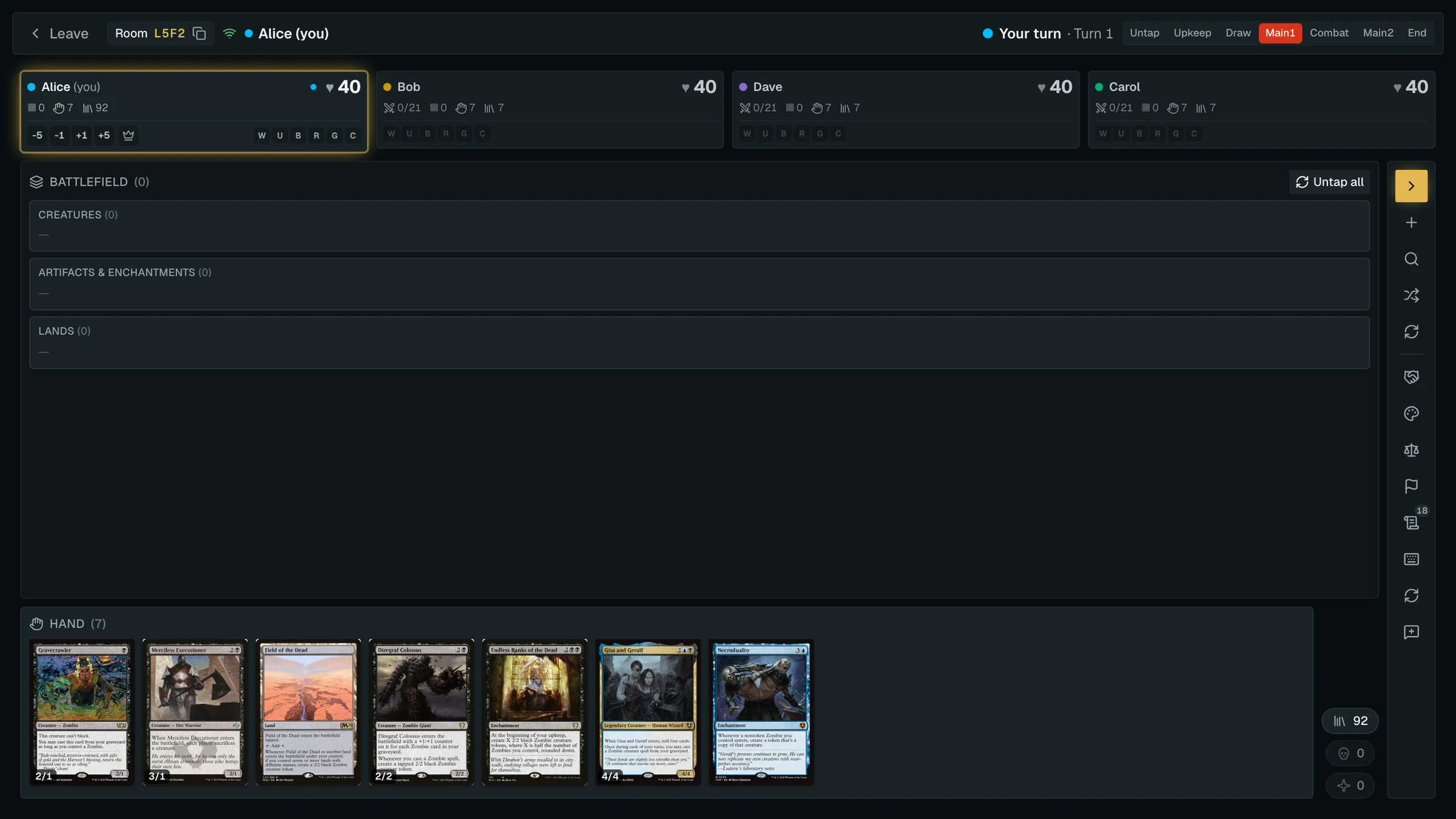 A live four-player Grimoire pod on the dark playtest board: seats for Alice, Carol, Bob, and Dave, each at 40 life with commander-damage trackers, a turn banner reading Carol's turn, Turn 1, a phase strip from Untap through End, the host's hand of seven real cards along the bottom, and battlefield lanes awaiting the first plays.