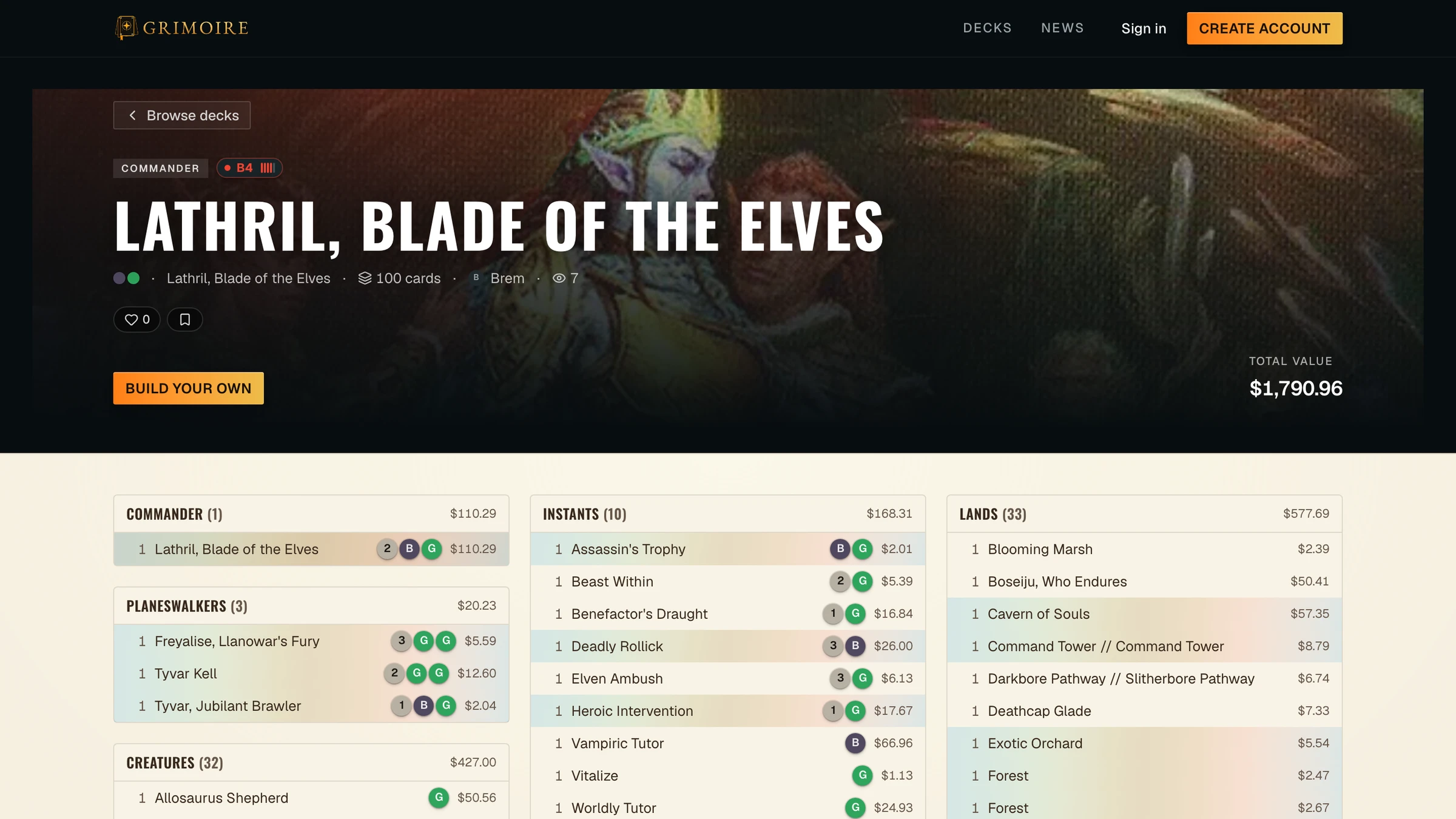 A public Grimoire deck page for 'Lathril, Blade of the Elves': Commander badge, bracket indicator, total value of $1,790.96, like and bookmark actions, a Build Your Own call to action, and the full list grouped by card type with color pips and per-card prices.