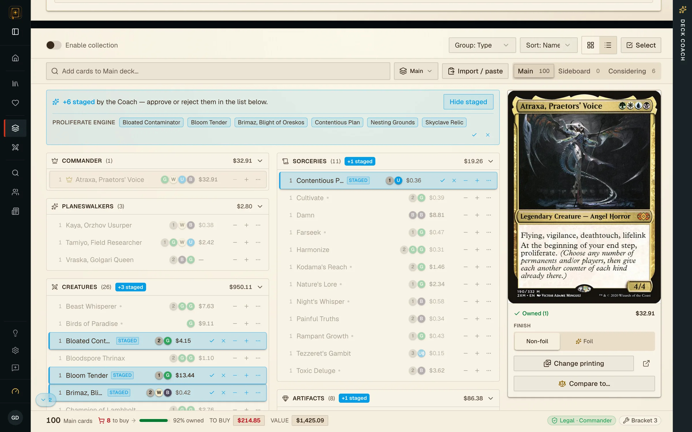 Grimoire's decklist with coach-staged cards rendered inline. A blue banner reads '+6 staged by the Coach — approve or reject them in the list below', with the pillar name PROLIFERATE ENGINE and the six card names as chips. In the list itself, staged rows are blue-tinted with a STAGED chip and their own tick and cross controls — Bloated Contaminator, Bloom Tender and Brimaz sit among the ordinary creature rows. Section headers count them separately: CREATURES (26) +3 staged, SORCERIES (11) +1 staged, ARTIFACTS (8) +1 staged. The sticky footer reads 100 Main cards, 8 to buy, 92% owned, To buy $214.85, Value $1,425.09, Legal · Commander, Bracket 3.