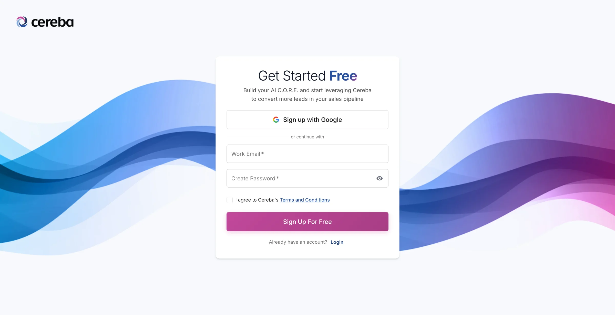 Cereba signup page showing C.O.R.E. Intent conversational onboarding