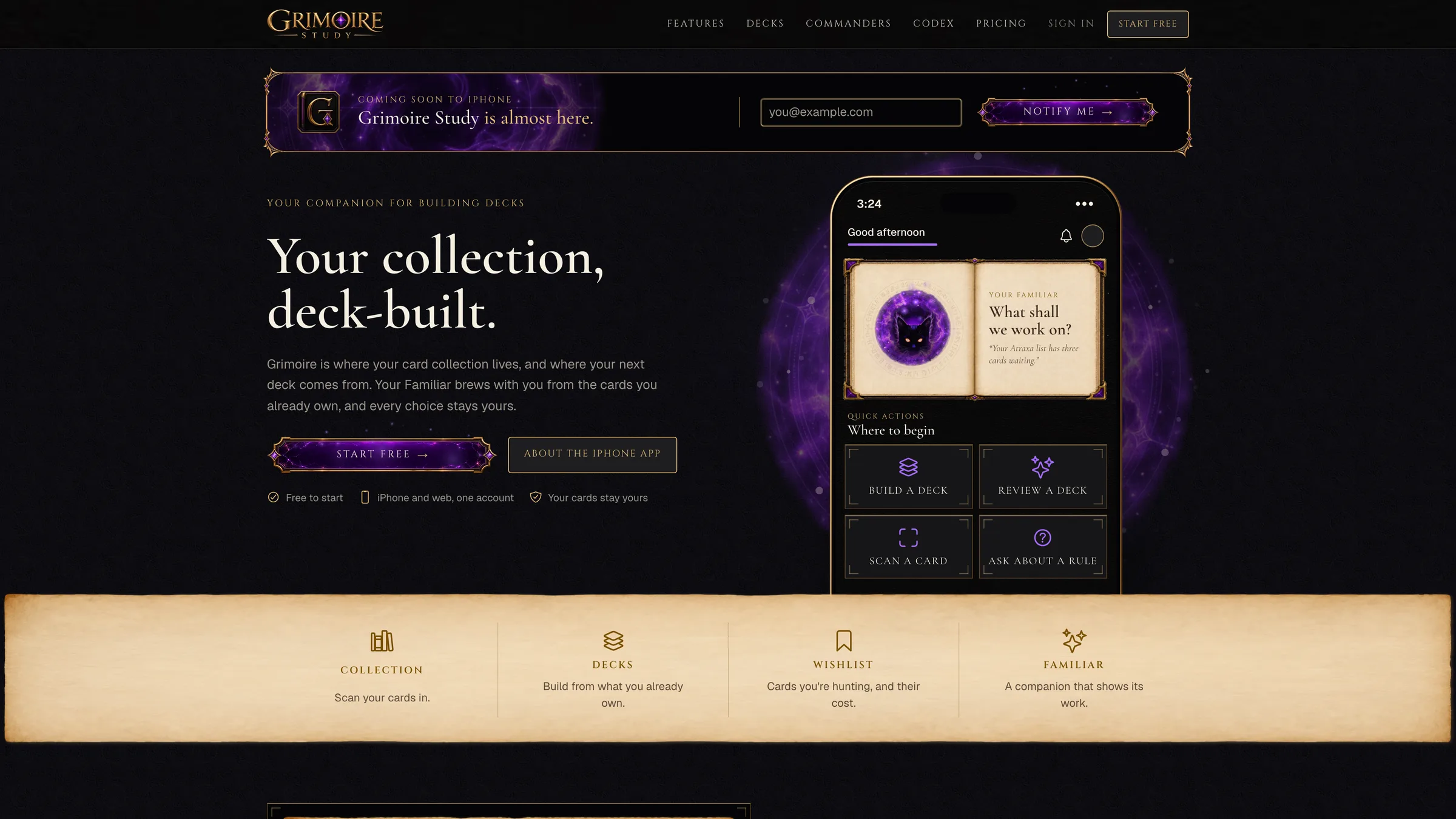 Grimoire's rebranded landing page: leather, gold and violet, with the app's home screen on an iPhone