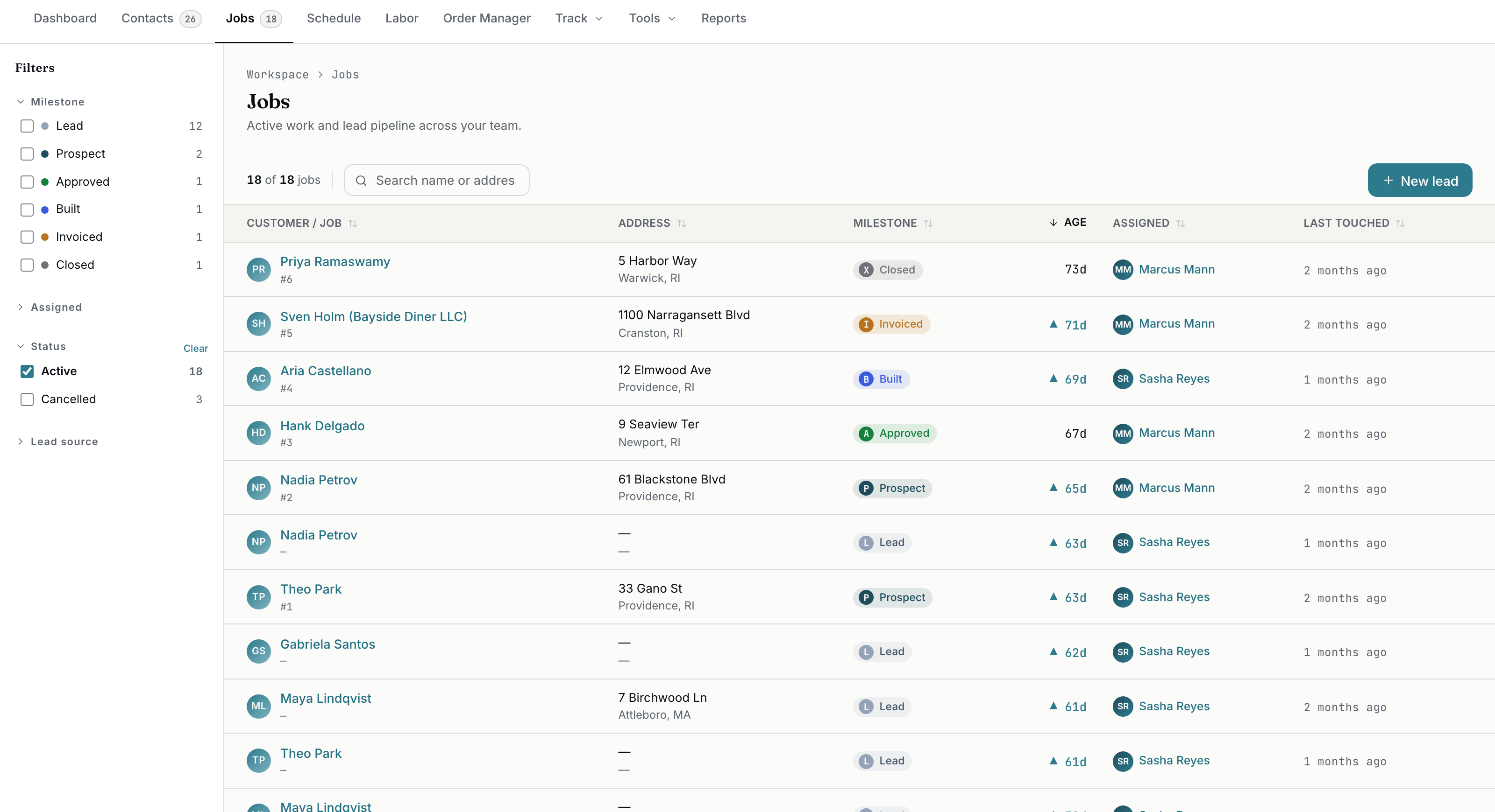 The jobs list: twenty rows carrying milestone, customer, rep, trade, contract value and dates, with a sticky header and a summary bar pinned to the bottom of the viewport.