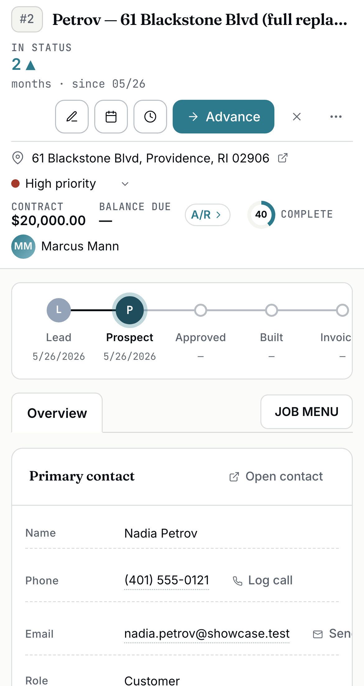 A job detail screen on a phone: milestone, customer and address, contract value, and stacked sections for estimates, orders, labor and photos.