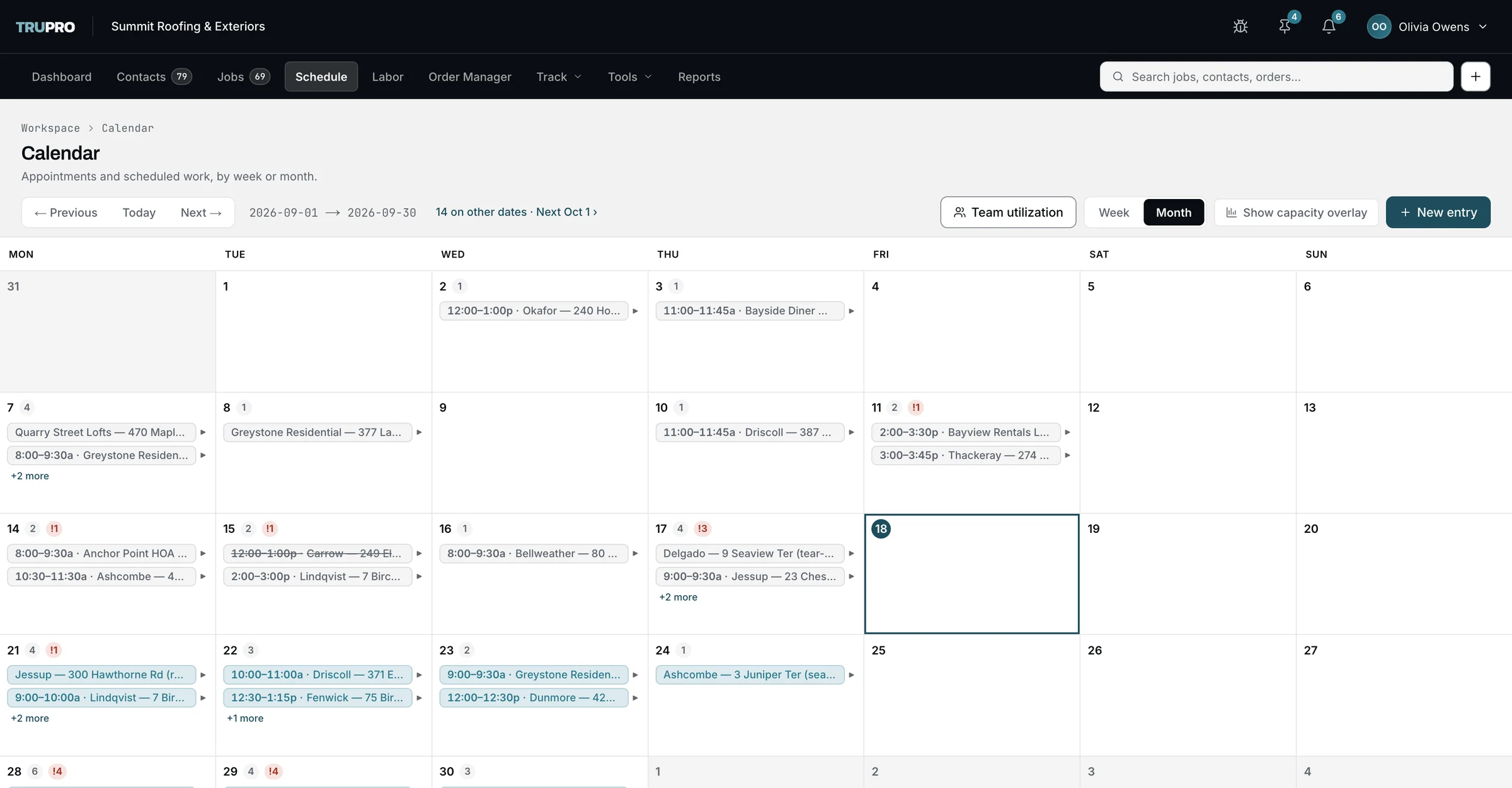 The calendar: a month of appointments and scheduled work, with per-day counts