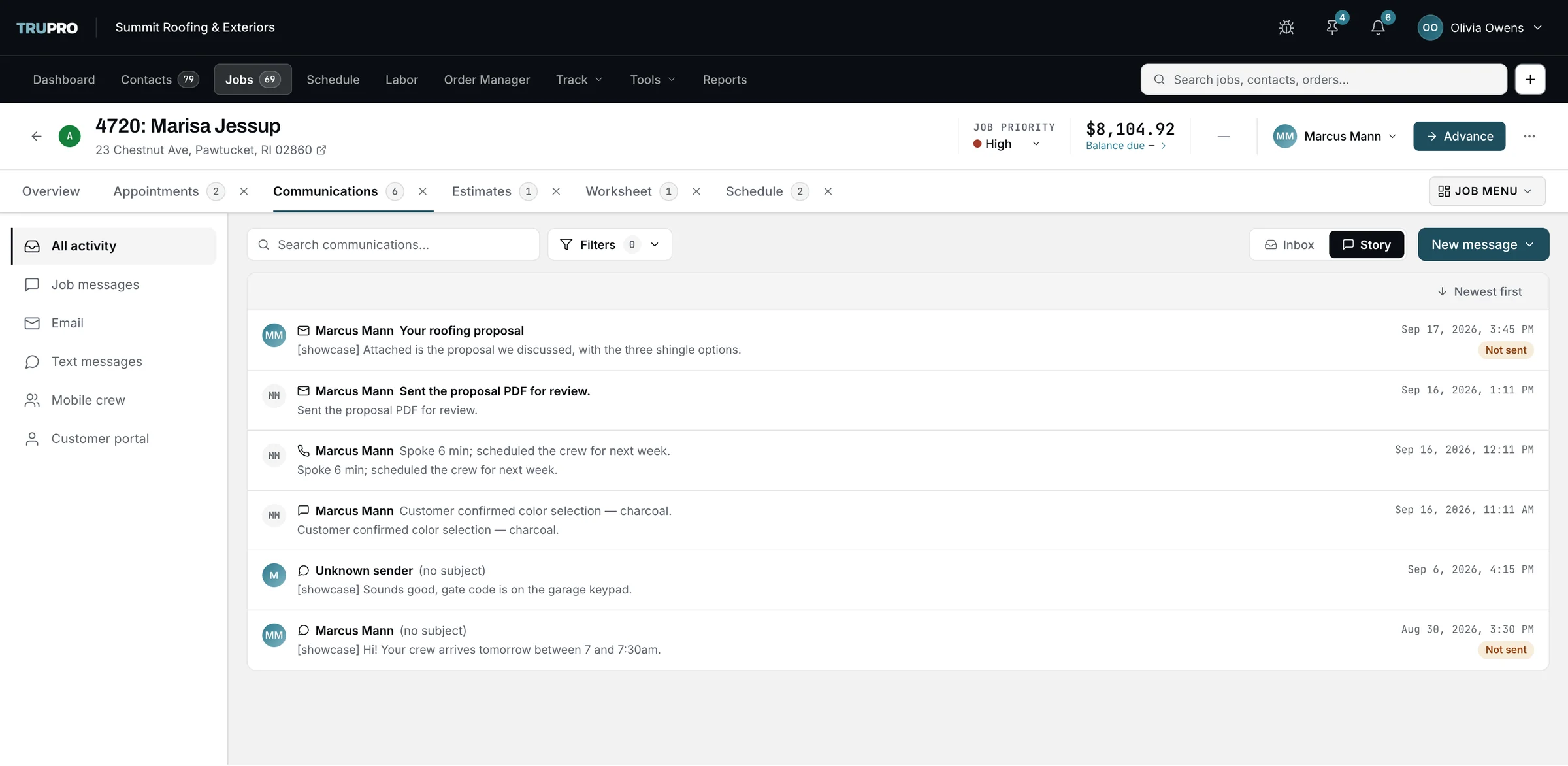 A job's communications: emails, calls, texts and notes in one stream, filterable by channel