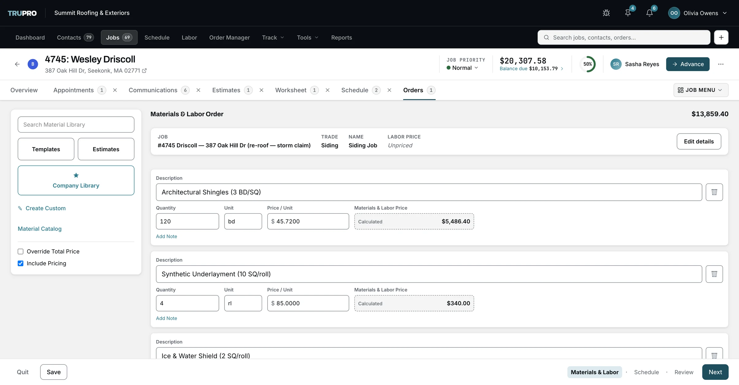 A materials and labor order being built inside a job: line items with quantity, unit and price, then schedule and review steps