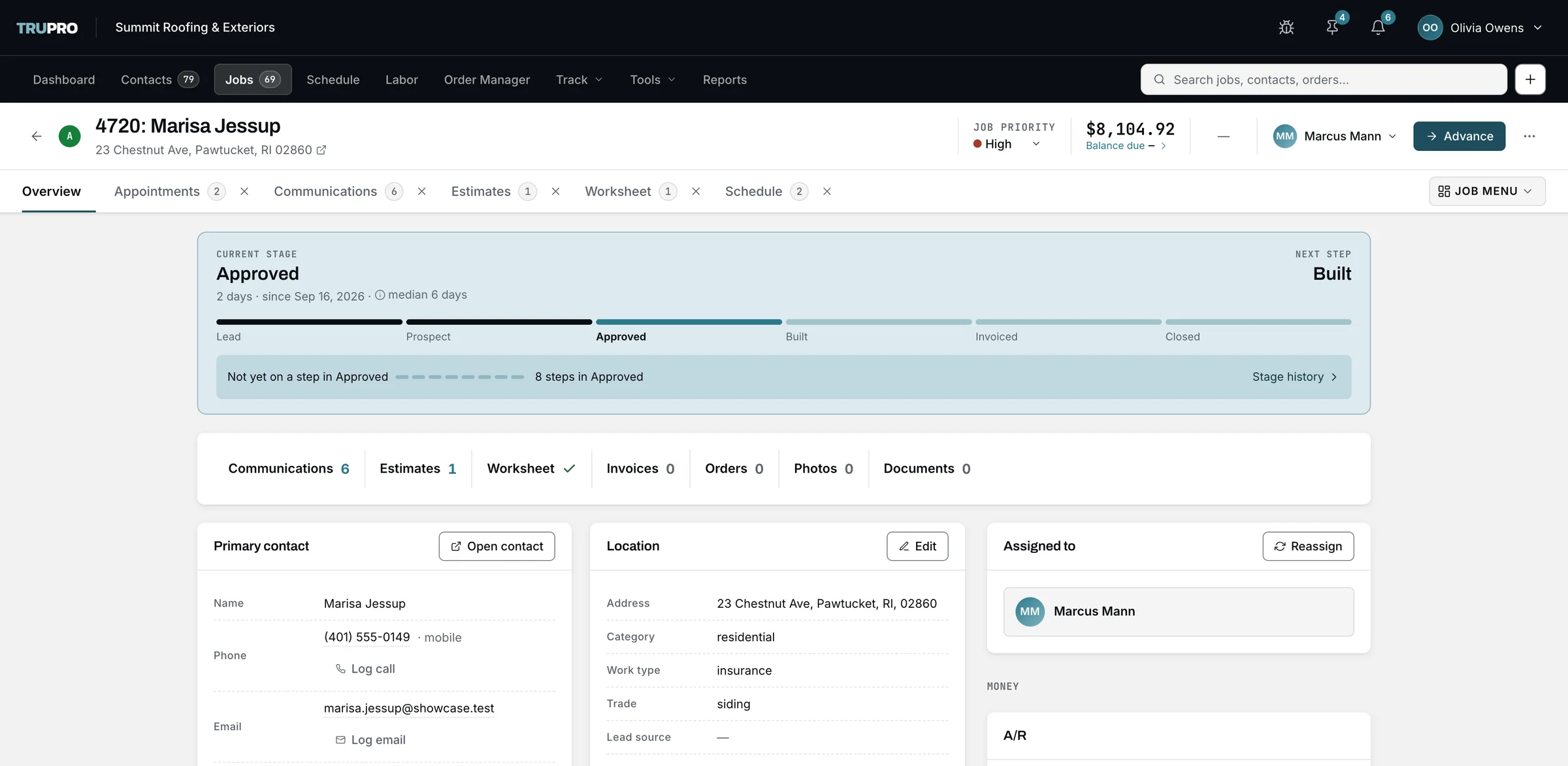 TruPro's job page: identity bar, milestone ladder from Lead to Closed, and contact, location and assignment cards