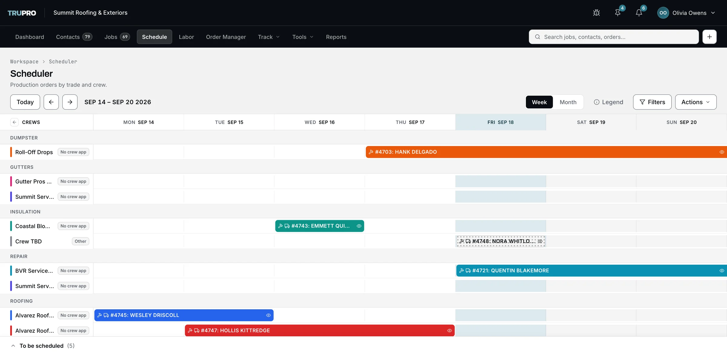 The production scheduler: crews grouped by trade, with job bars across the week and a To be scheduled tray