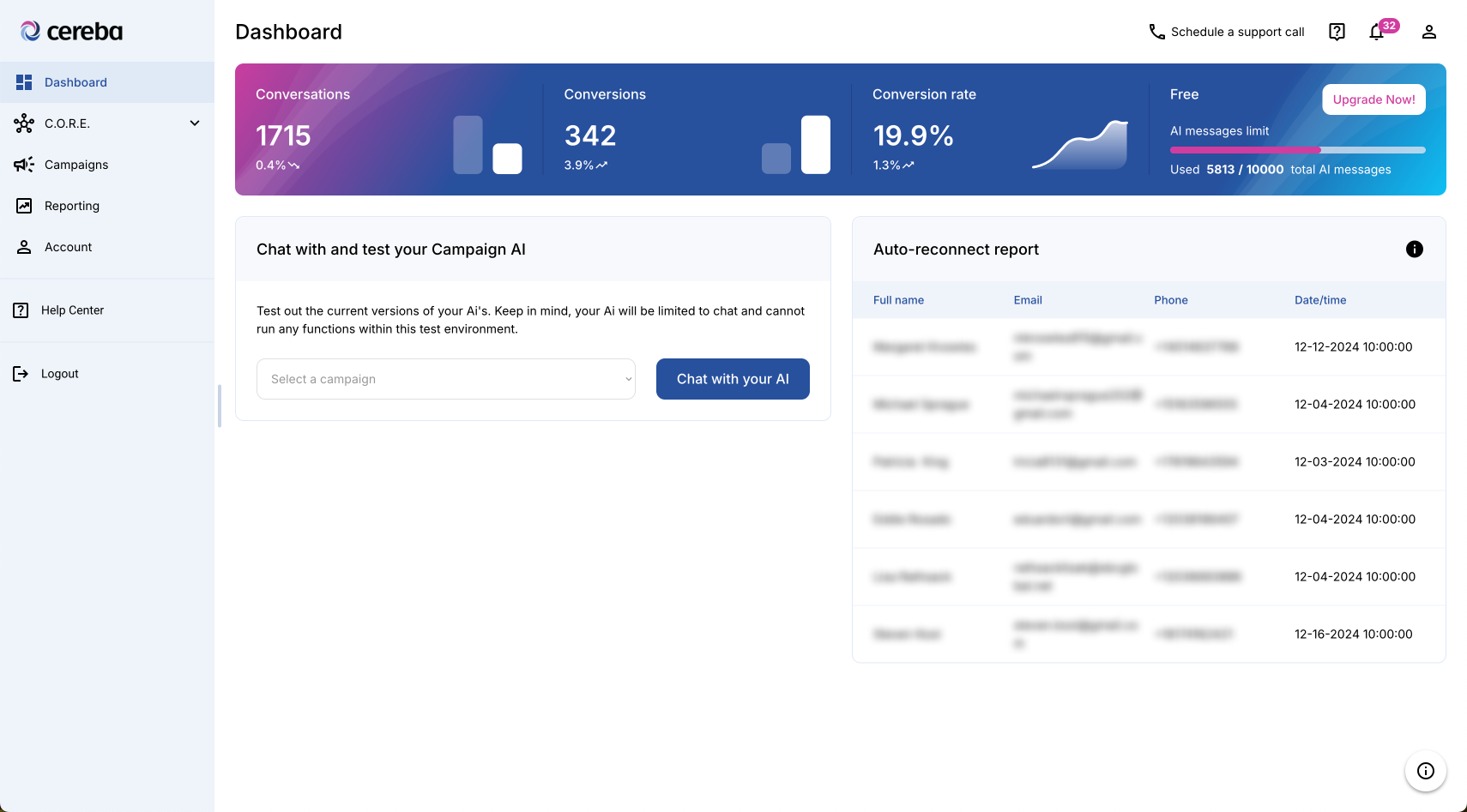 Cereba V1 dashboard built in Bubble. Shows conversation count (1,715), conversions (342), and a 19.9% conversion rate. AI test chat panel on the left, auto-reconnect report table on the right. Simple card layout with a free-tier usage meter.