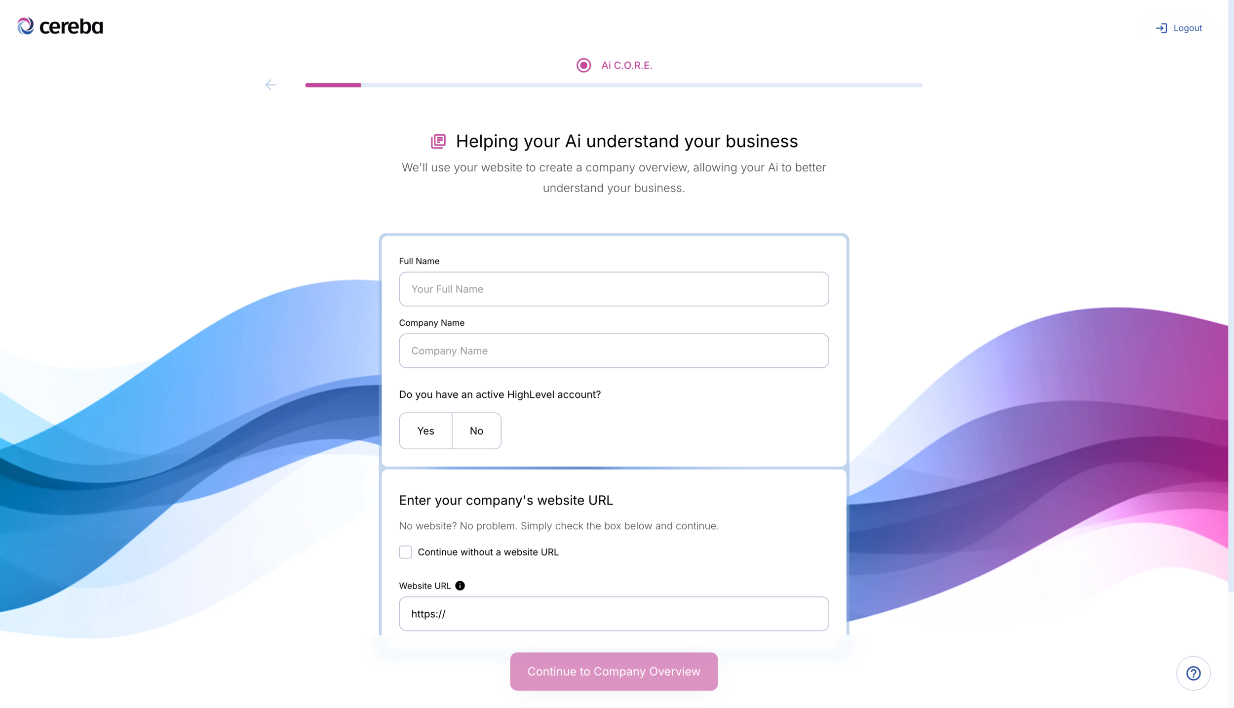 Cereba V1 onboarding flow. An 8-step progress bar at the top, currently on an early step. The page asks users to define their business from scratch: Full Name, Company Name, and a 'Do you have an active HighLevel account?' toggle, plus a website URL field. Long form with a gradient background.